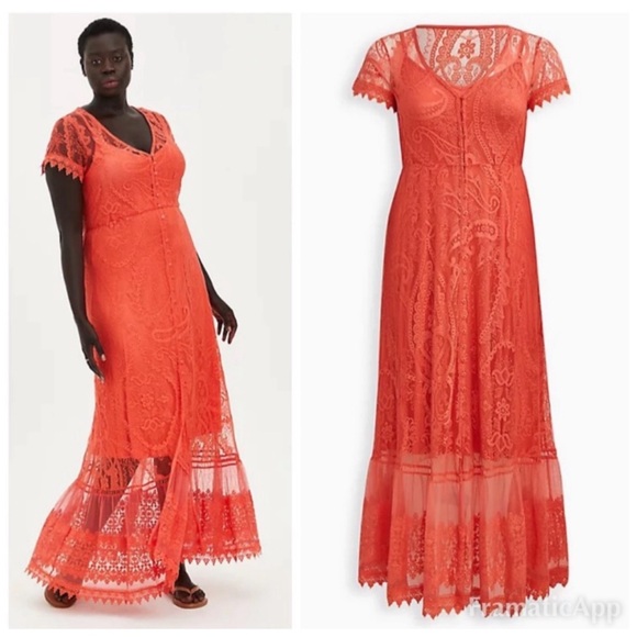Torrid Button Front Lace Coral Maxi Dress NWT Size 10/M-L and 1X/14-16 - Picture 2 of 16
